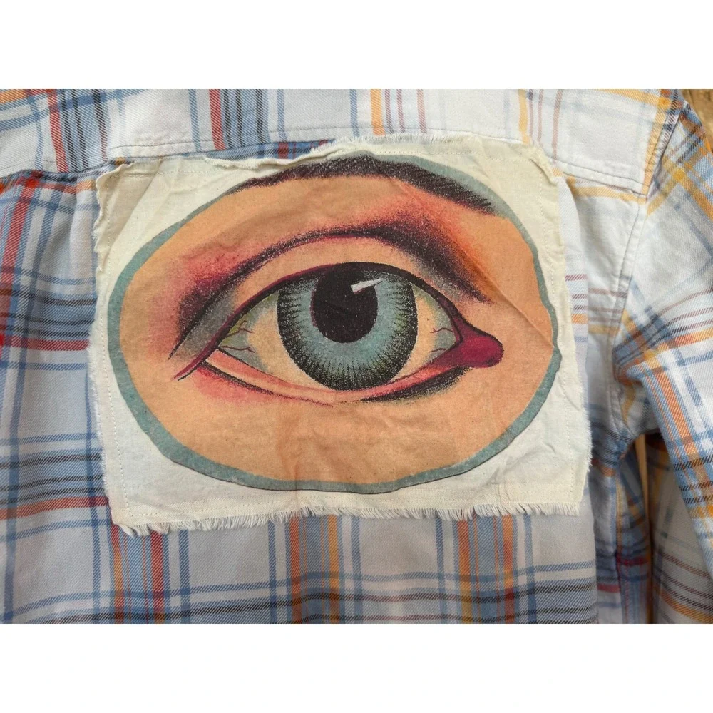 Upcycled Eye Patch Flannel Shirt Medium | Folk Art Plaid Button Down - Picture 3 of 7